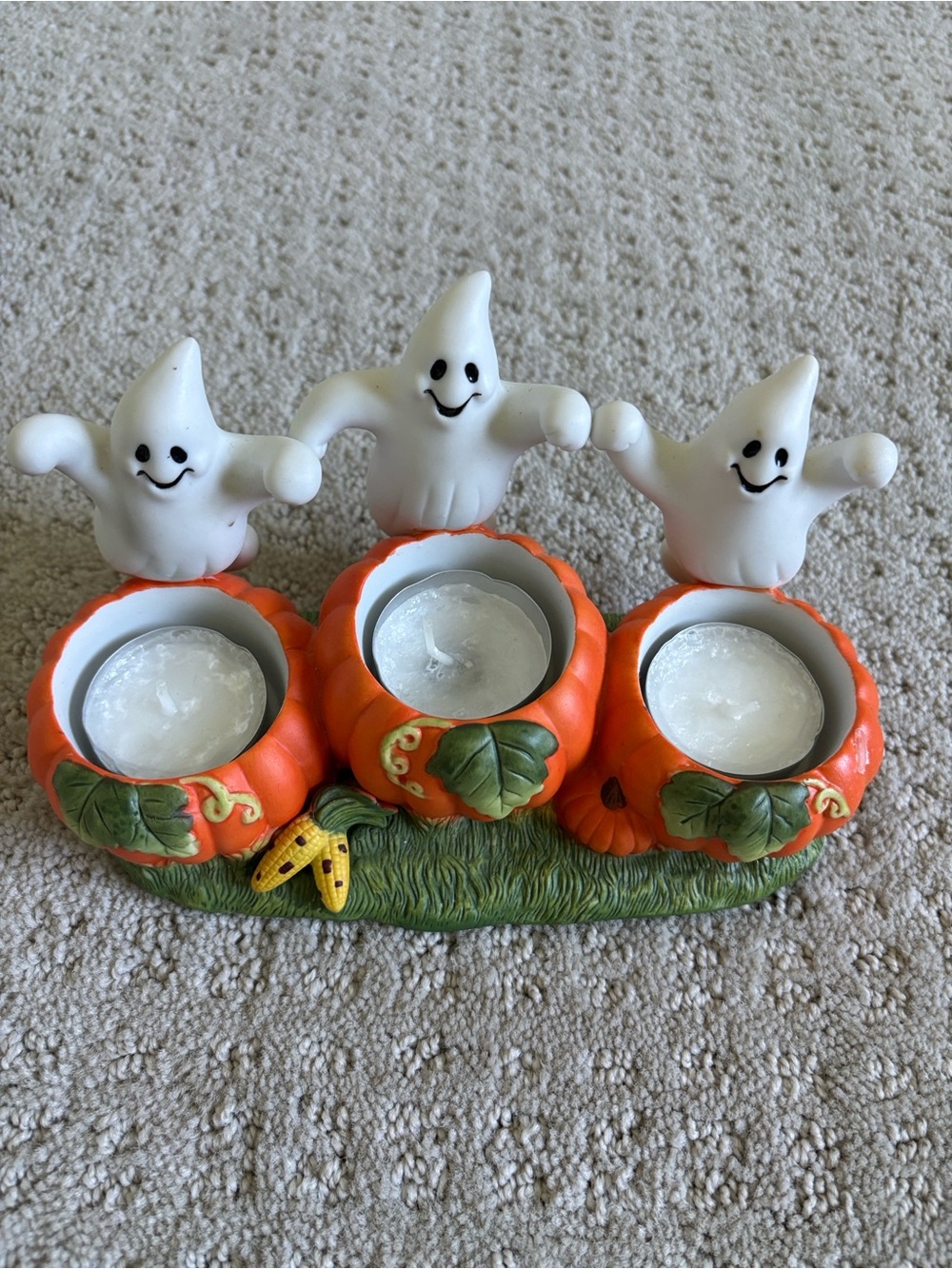 PartyLite Three Ghost Pumpkin Tea Light Holder - White and Orange